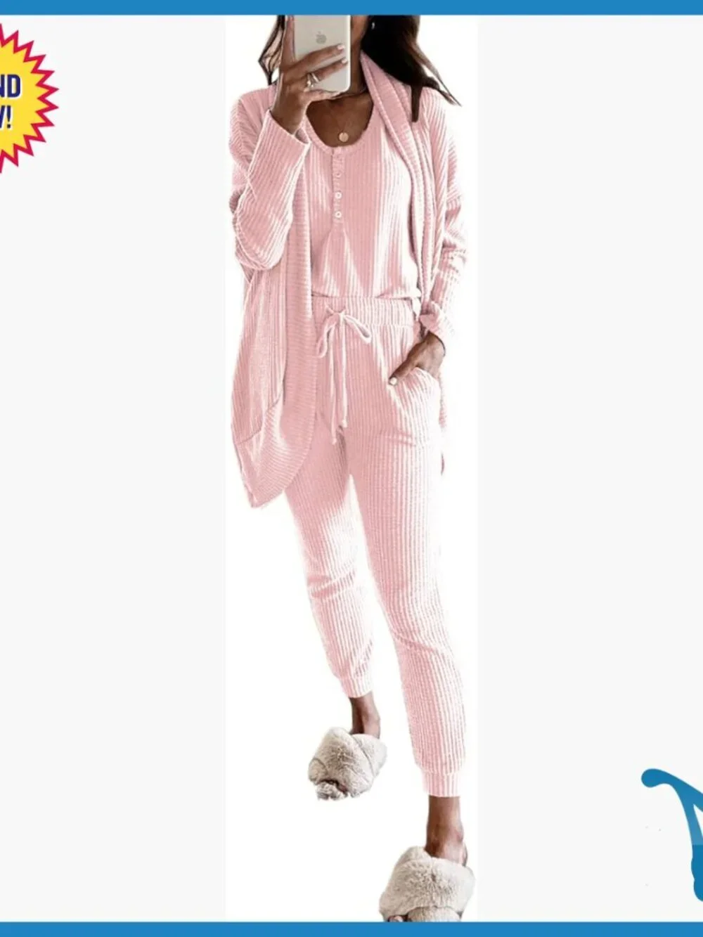 Waffle Knit 3-Piece Lounge Set with Cardigan and Pants Medium